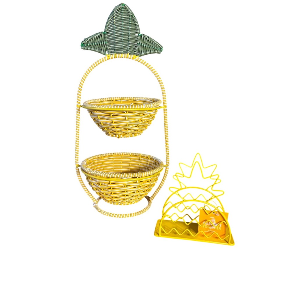 Yellow Pineapple Two-Tier Basket Stand & Matching Metal Napkin Holder Summer NEW